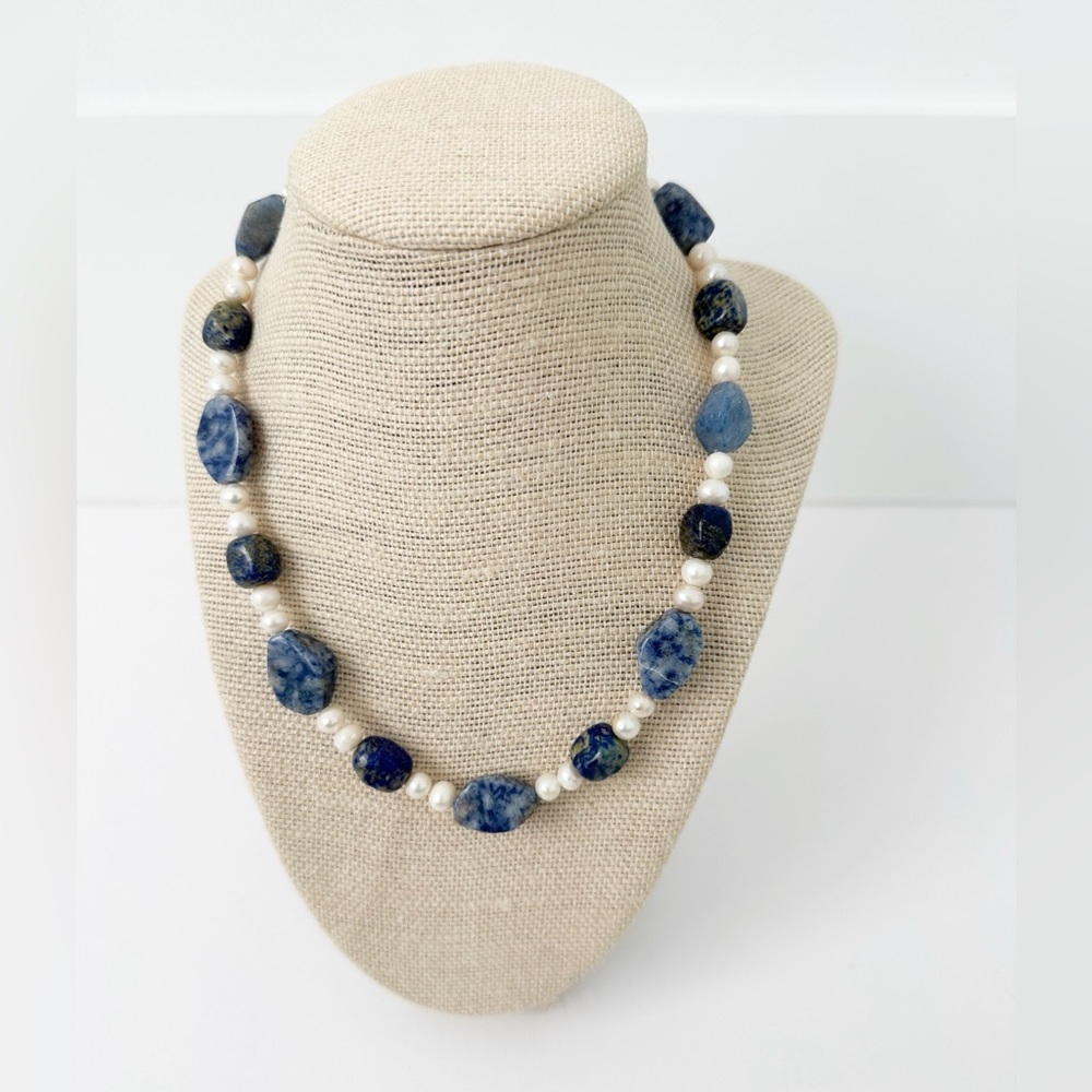 NWT Genuine Lapis, Sodalite & Pearls Necklace Beaded Blue White